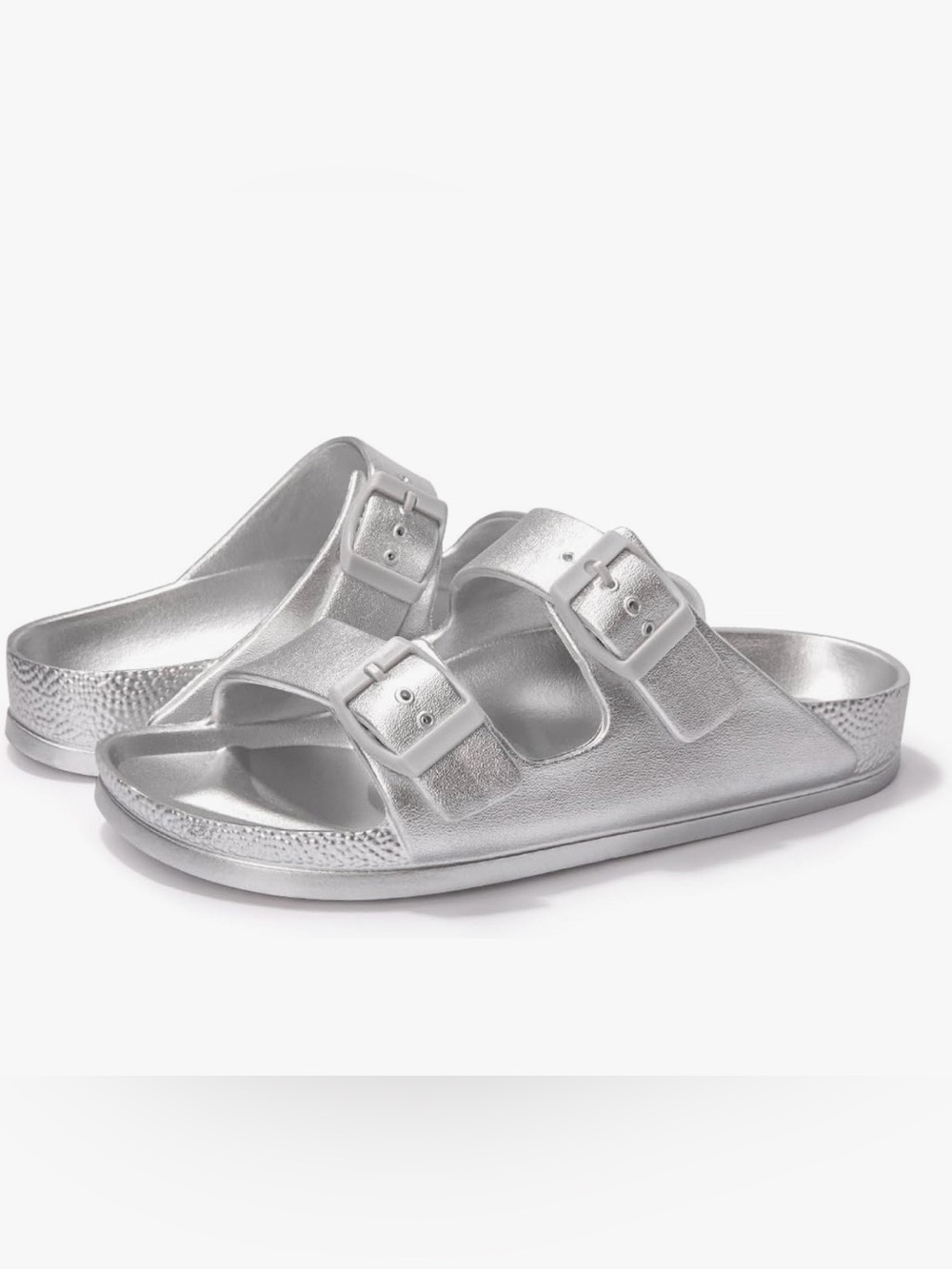 Metallic Double-Buckle Slide Sandals in Silver